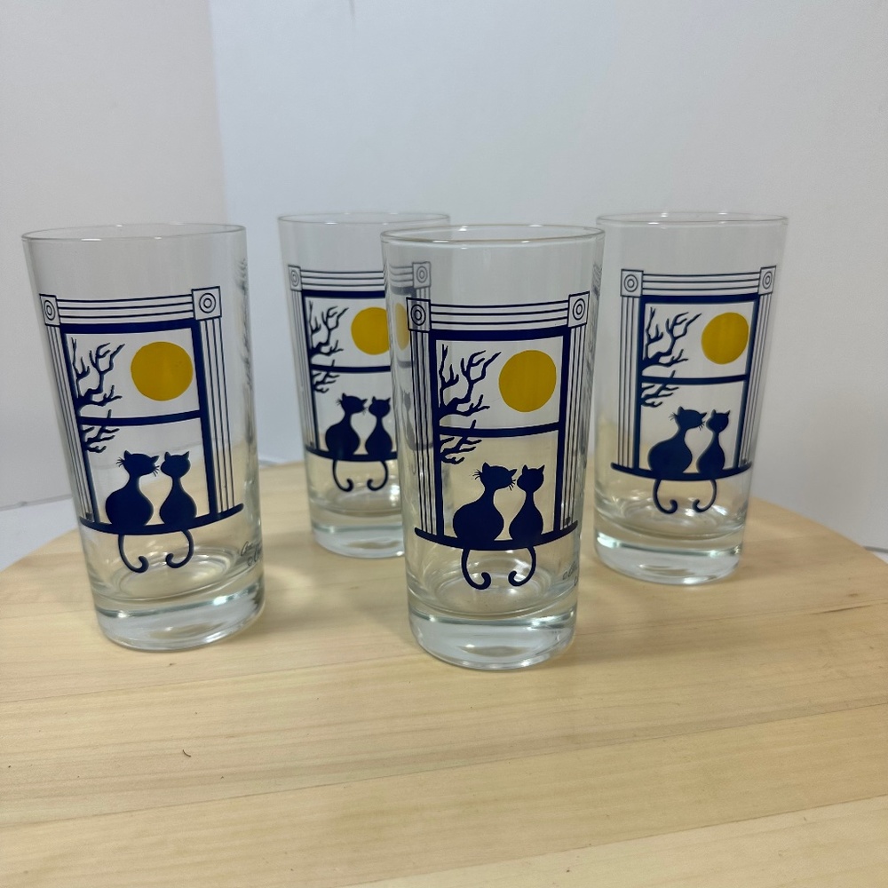 Set of 4 Vtg Cera Kitty Cats Serenade High Ball Cocktail Bar Glasses Moon